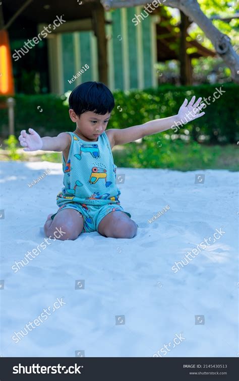 Little Boy On Playground Sandpit Child Stock Photo 2145430513