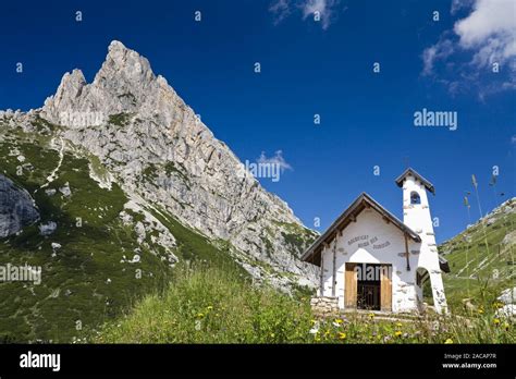 Chapel At Passo Di Falzarego In Front Of Lagazuoi Dolomites South