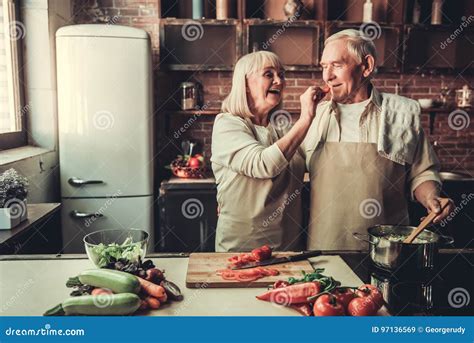 Old Couple In Kitchen Stock Image Image Of Casual Couple 97136569