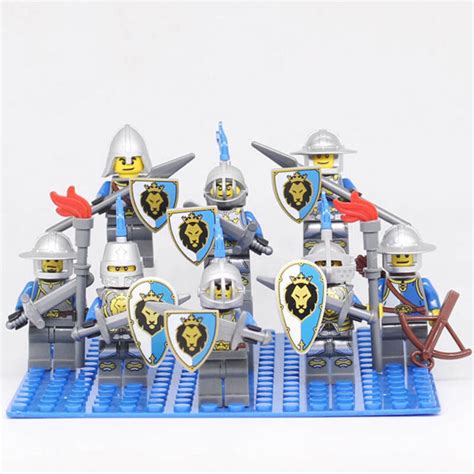 8pcs Medieval Castle Kingdoms Blue Lion Knight Rider Army Lego Moc