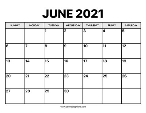 June Calendar 2021 Calendar Options
