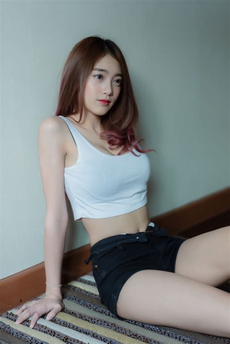 wallpaper brunette women indoors white tops jean shorts belly sitting asian model