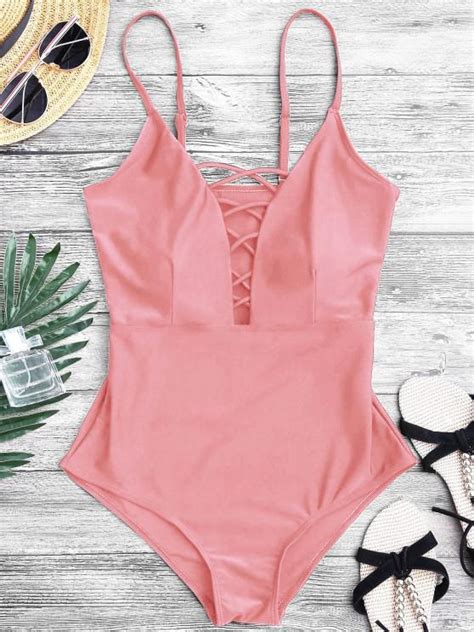 45 Off 2021 Shaping Crisscross Plunge One Piece Swimsuit In Pink Zaful