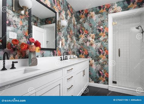 Floral Wallpaper In A Modern Bathroom Stock Photo Image Of Pattern