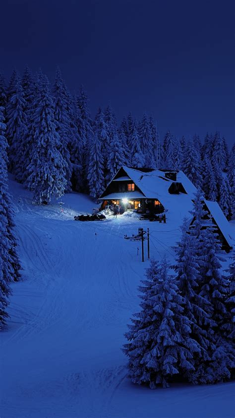 Download 720x1280 Wallpaper House Night Winter Trees Snow Layer Nature Samsung Galaxy Mini