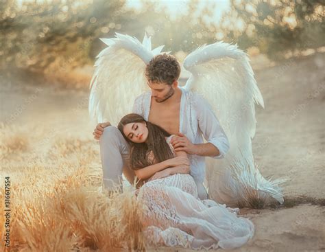 Men Guardian Angel Protects And Hugs Young Woman Sleeping Beauty Vintage Pastel Color Miracle