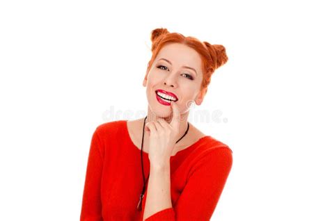 Redhead Curious Woman Biting Finger Nails Looking At You Camera Stock