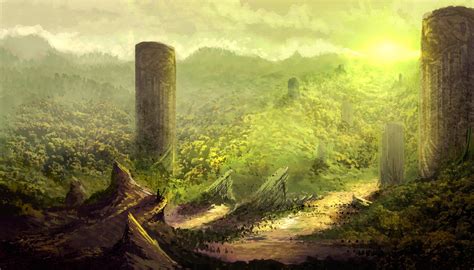 Art Fantasy World Mountains Hills Columns Ruins Wallpaper 3000x1715