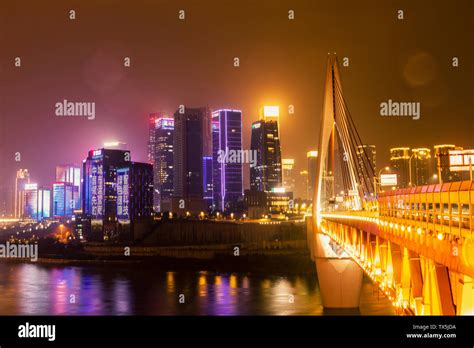 Night View Of Chongqing Riverfront In Rain And Fog Stock Photo Alamy