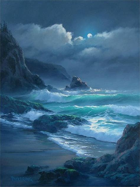 An Oil Painting Of Waves Crashing On The Shore With A Full Moon In The Sky