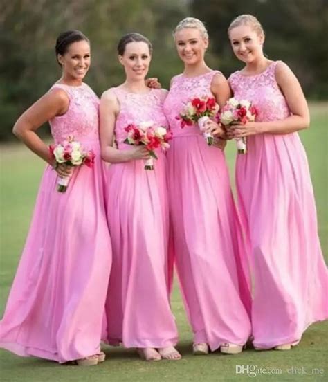 2017 Hot Pink Long Chiffon Bridesmaid Dress Lace Appliques Sleeveless