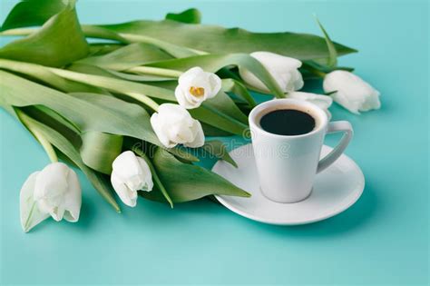 Morning Romantic T With White Tulips And Coffee Cup Stock Image
