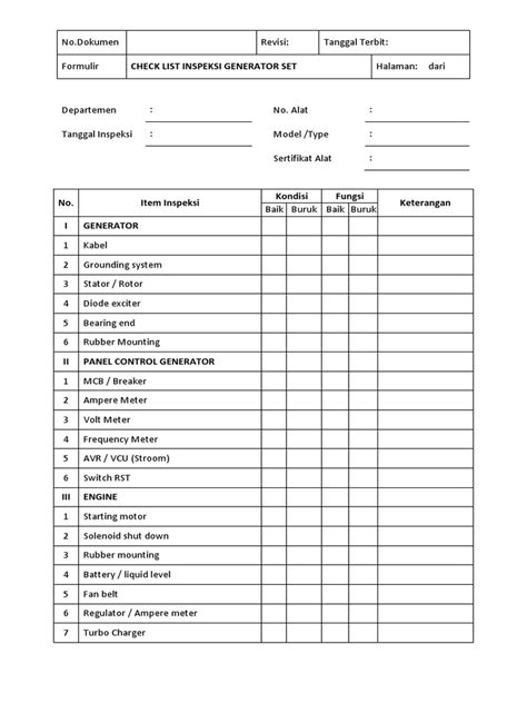 Form Check List Inspeksi Generator Set Pdf