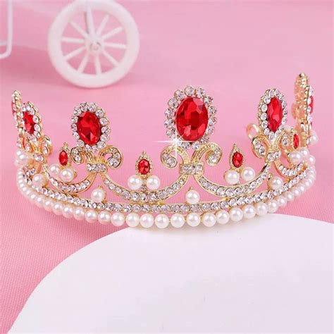 Red Crystal Crown Pearl Rhinestone Bride Princess Tiara Crowns Bridal Wedding Party Hair Jew