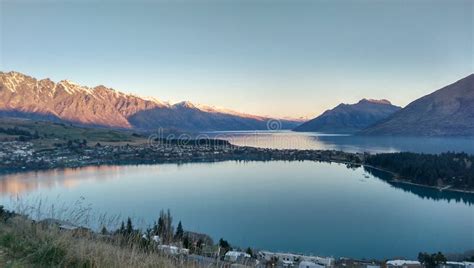 Queenstown Sunset With Houses And Mountains Stock Image Image Of