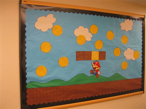 A Bulletin Board That Has Been Decorated To Look Like Marios Run On