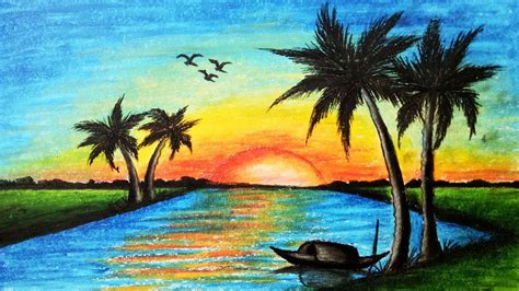 How To Draw A Scenery Of Sunset Art Lollygag