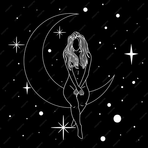 Premium Vector Naked Woman Sitting On The Moon In Trendy Linear Minimal Style