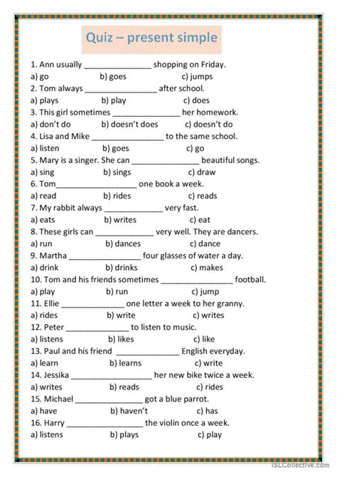 Present Simple Quiz English Esl Worksheets Pdf Doc