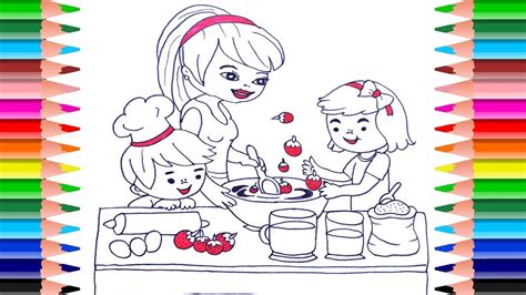My father (work) in a shop. Mother and children cooking in the kitchen coloring book ...