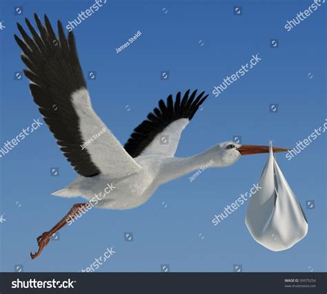 Classic Depiction Of A Stork In Flight Delivering A Newborn Baby Stock