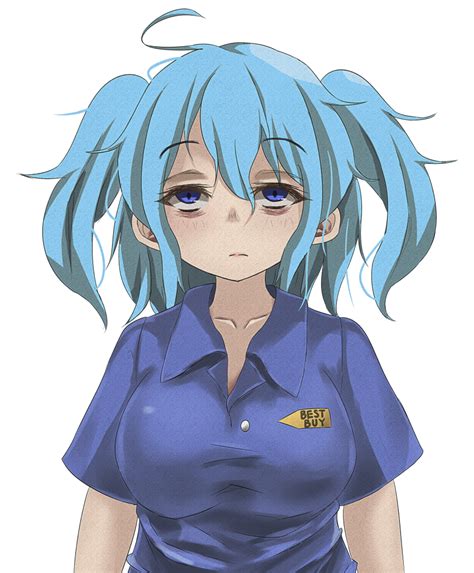 safebooru 1girl bags under eyes bangs best buy blue eyes blue hair blue shirt breasts closed