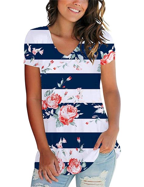 Womens Summer Short Sleeve T Shirts Cute Tops Floral Navy Stripe Size