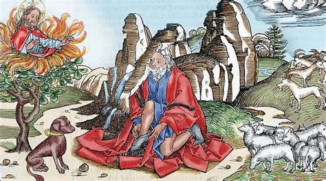 moses and the burning bush 16th century engraving colored