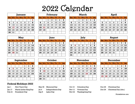 Free Printable Yearly 2022 Calendar With Holidays As Word Pdf Yearly