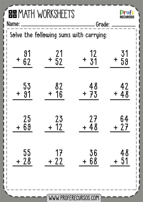 Addition With Carry Over Worksheets For Grade 1 And 2