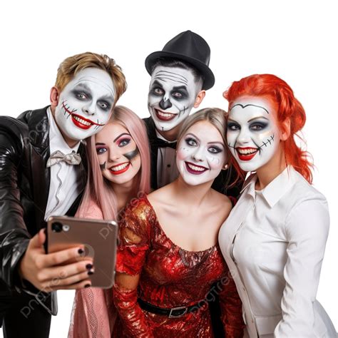 group of friends in costumes taking a selfie at halloween party halloween makeup halloween