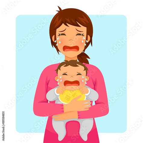 Young Mother Crying While Holding Her Crying Baby Stock Image And