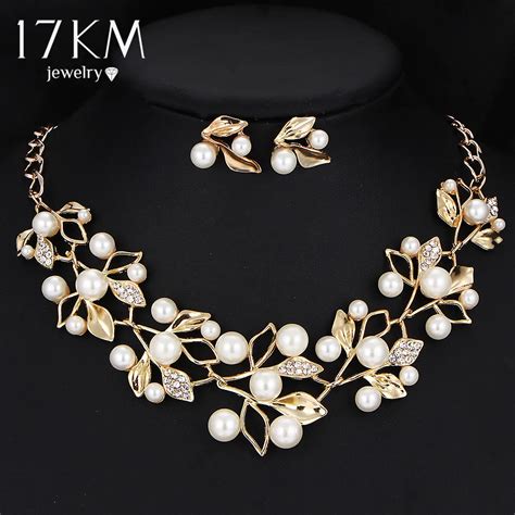 buy 17km gold color simulated pearl jewelry set for women crystal flower