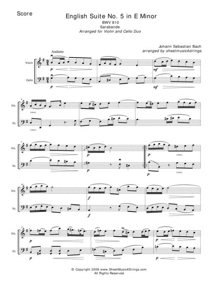 Bach Js Sarabande For Violin And Cello Free Music Sheet