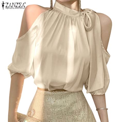 zanzea women s off shoulder 3 4 sleeve elegant casual shirt shopee philippines