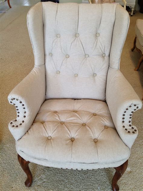 Examples of great upholstered chairs with coastal fabric. Thrifty Treasures: Upholstering a wing back chair