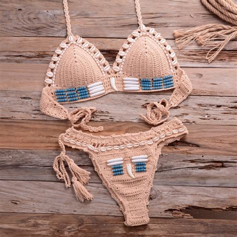 Sexy Blue Shell Beaded Bikinis Set Handmade Crochet High Quality Swimsuit Women Push Up Swimwear