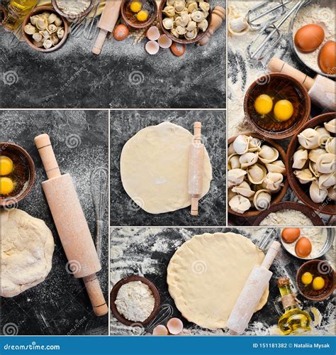 Photo Collage Cooking Baking Rolling Pin Flour Egg Dough Stock