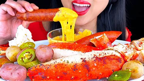 Asmr King Crab Seafood Boil Dipped In Cheese Sauce Satisfying Eating