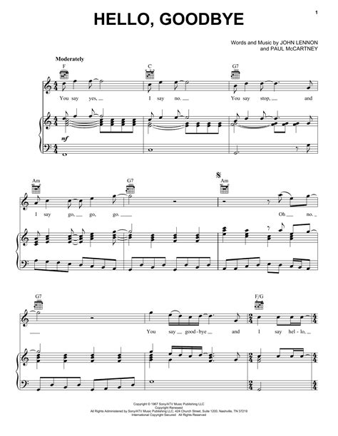 Hello Goodbye Sheet Music The Beatles Piano Vocal And Guitar Chords