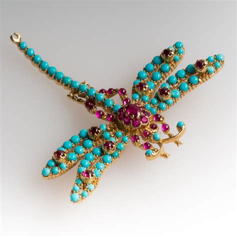 Natural Turquoise Ruby Dragonfly Brooch Pin 18K Dragonfly Jewelry
