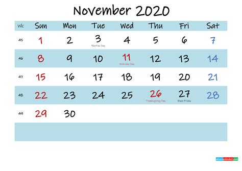 Printable November 2020 Calendar Pdf Template K20m551