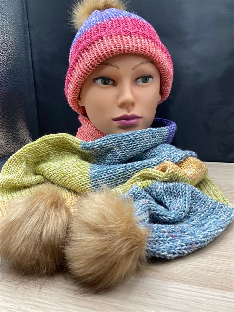 The Pom Pom Knit Hat And Scarf Set Colourful Cosy Knitted Etsy