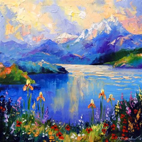 Flowers On The Shore Of A Mountain Lake Painting Lake Painting