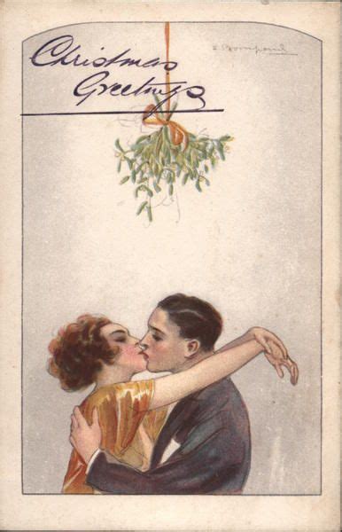 Christmas Greetings Kiss Under The Mistletoe Christmas Greetings Vintage Postcards