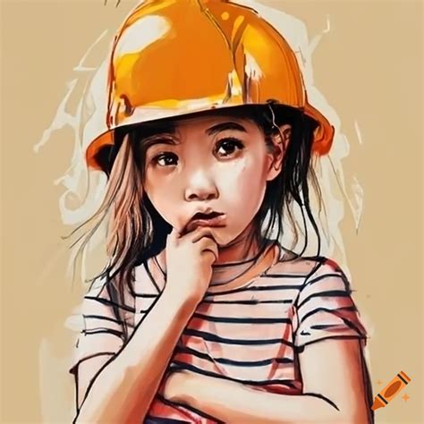 asian 4 year old girl wearing a construction helmet