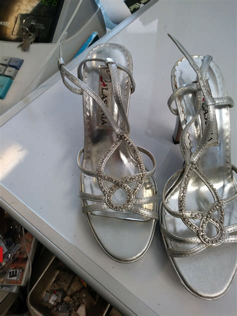 Lasonia Womens Size 5 High Heels Open Toe Strap Back Silver Missing A Rhinestone Ebay
