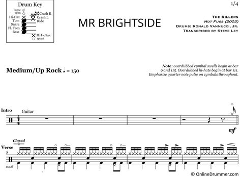 Each piece includes a professional recording of the score mode offers you sheet music arrangements of the same piece in several levels of difficulty for beginner, intermediate and advanced level drummers! Mr. Brightside - The Killers - Drum Sheet Music | OnlineDrummer.com