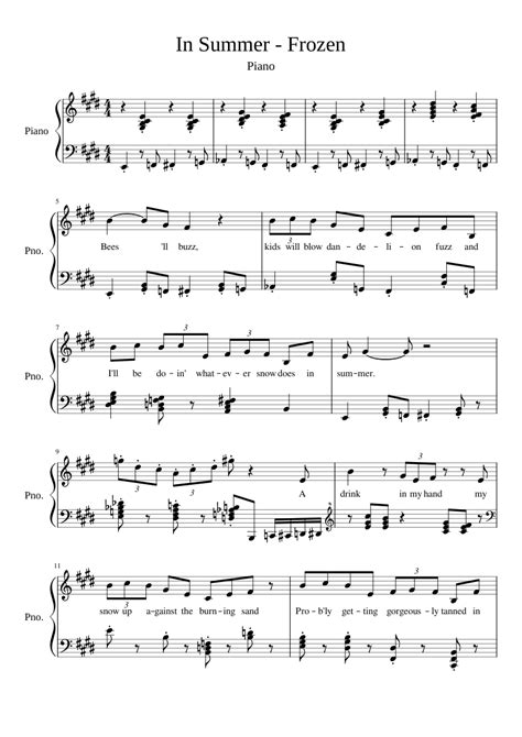 In Summer Frozen Sheet Music For Piano Solo
