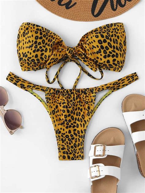 Leopard Print Bandeau With High Leg Bikini Set High Leg Bikini